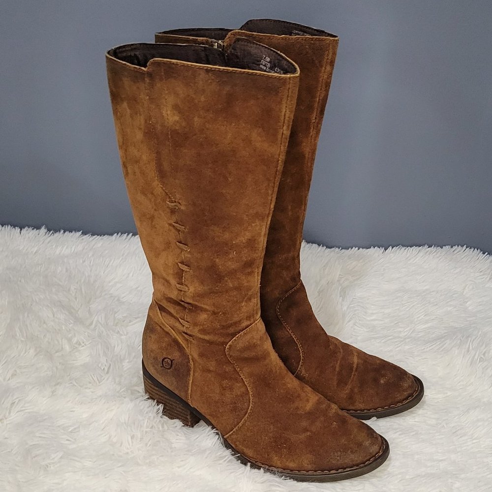 Born Suede Mid-Calf Side Zip Boots with Stacked Heel Women's Size 7.5